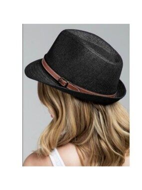 Black Fedora Hat W/ Brown Faux Leather Band Lightweight Woven Design-NEW